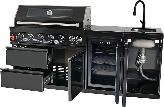 82 Inch Outdoor Kitchen Island, 6-Burner 85000 BTU Propane Stainless Steel BBQ with Side/Rear Burners, With Refrigerator and Sink, Rotisserie, Marble Countertops, Storage, For Backyard BBQ