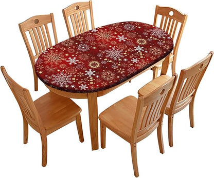 Merry Christmas Elastic Edge Oval Table Cover, Winter Gold White Snowflake Print Oblong Fitted Tablecloths, Fits to 48x 68 Inches Tables, Table Cloth for Indoor Family Banquet and Outdoor Patio Use