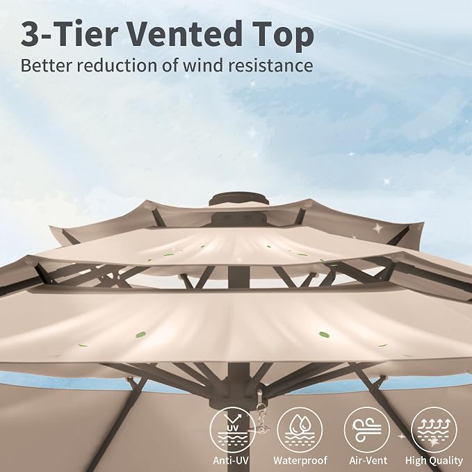 9FT 3 Tiers Patio Umbrella With Auto Tilt And Crank, Outdoor Table Market Umbrella with 8 Sturdy Ribs for Garden, Lawn, Deck, Backyard and Pool
