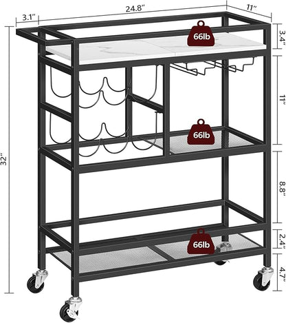 MAHANCRIS Bar Cart for Home, 3-Tier Serving Cart with Wheels and Handle, Beverage Cart with Wine Rack and Glass Holders, Rolling Wine Cart for Kitchen, Dining Room, Marble and Black RCHM6101