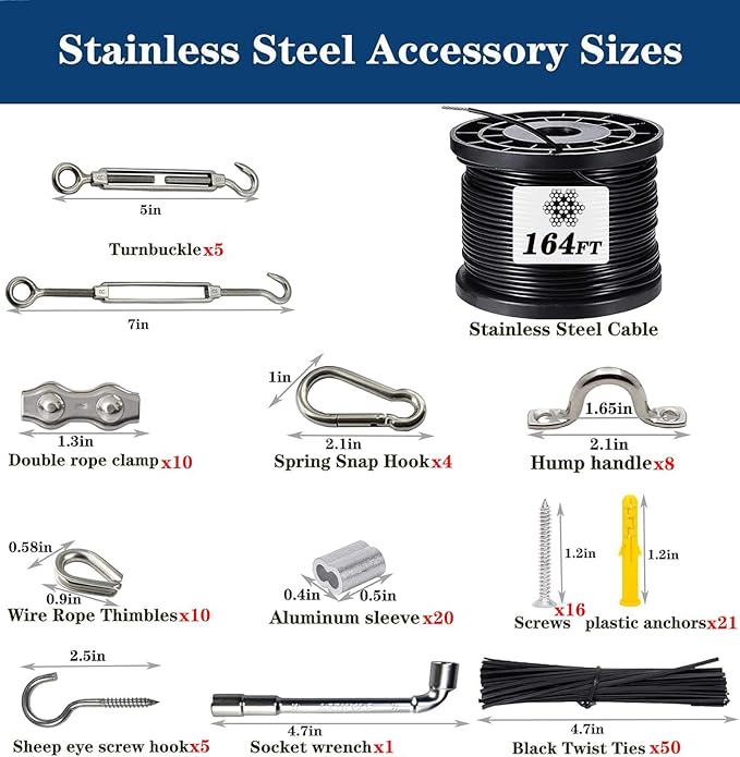164FT Outdoor String Light Hanging Kit - Heavy Duty Black Vinyl-Coated Stainless Steel Wire Rope with Turnbuckles, Hooks & Eye Straps for Patio, Garden, Backyard, Party Decor