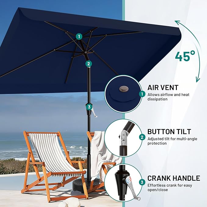 AreShark 6.5 x 10 FT Rectangular Valance Patio Umbrella, Outdoor Umbrella with Tilt and Crank, Market Table Umbrellas W/ 6 Ribs UV Protection for Garden, Deck, Backyard and Pool, Navy