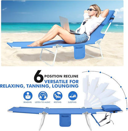3 in 1 Women Comfort Backpack Beach Tanning Lounge Chair with Cushion Face Hole Softer Padded Adjustable Washable, Layout Sun Chair for Adults Outside Reading Sunbathing Poolside, 6 Position, 2 Pack