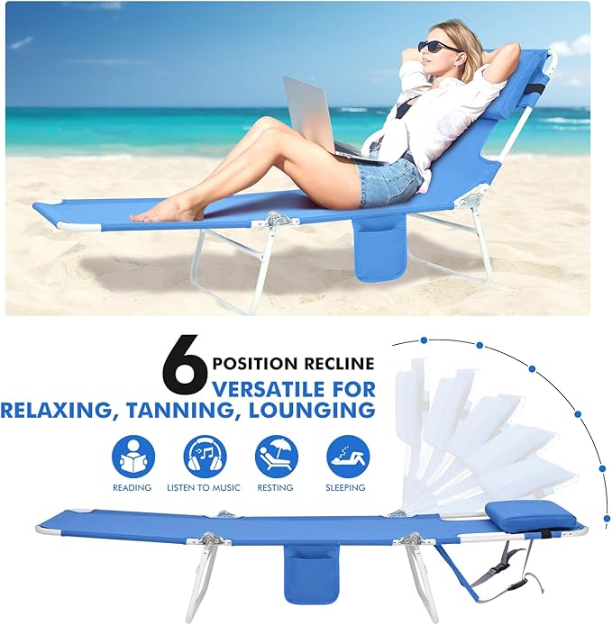 3 in 1 Women Comfort Backpack Tanning Beach Chair with Face Hole Padded Adjustable & Cushion | Portable Folding Lounge Sun Chair for Adult Outside Reading Sunbathing Poolside | Reclining 6 Position