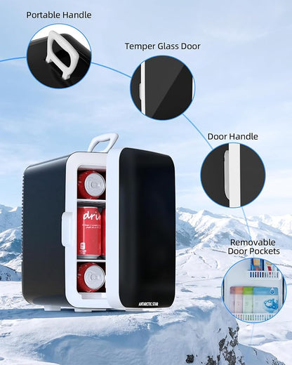 Antarctic Star 10L Compact Mini Fridge, 2.6 Gal Portable Small Refrigerator | Small Desktop Fridge with AC/DC Adapters, Cosmetics Cooler for Beverage, Food, Skincare, Bedroom, Office, Dorm, Black