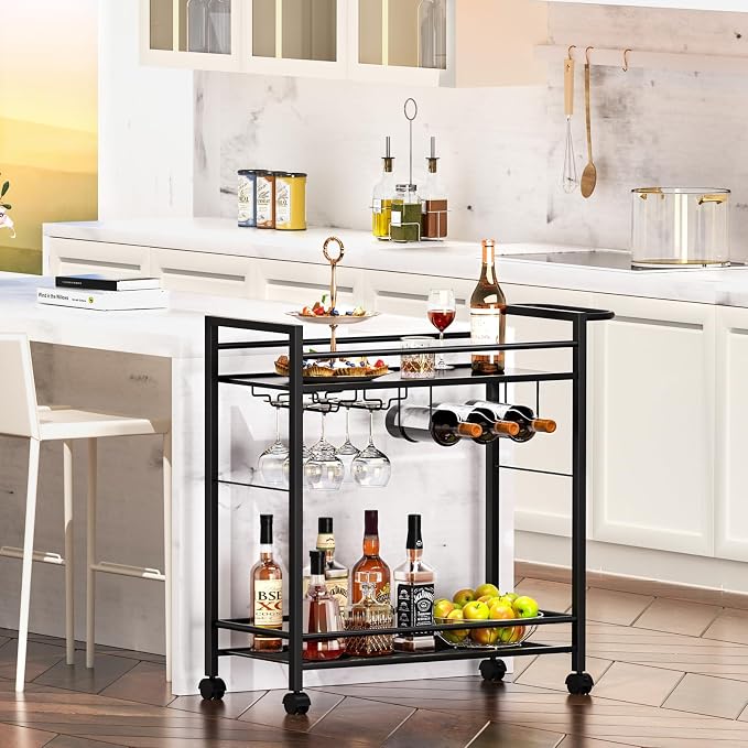 Joaxswe Bar Cart w/Wheels,2 Tier Home Bar Serving Cart,Vintage Black | Rolling Beverage Cart w/ Wine Rack and Glass Holder,Modern Wine Cart w/ Storage Shelves for Kitchen, Living Room,Dinning Room