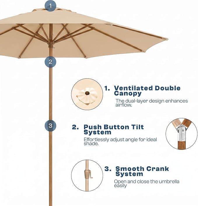 9ft Outdoor Patio Umbrella, Market Table Umbrella with Crank and Easy Push Button Tilt, Wood Grain Frame, UPF 50+ for Pool, Garden, Deck, Backyard