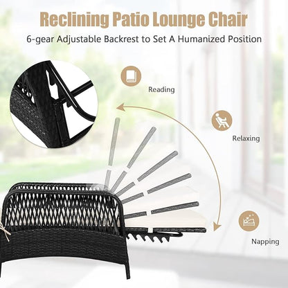 HAPPYGRILL Patio Chaise Lounge Chair Outdoor Rattan Wicker Recliner with Thick Cushion, Lumbar Pillow, Adjustable Backrest for Garden Porch Lawn Poolside