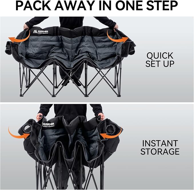 Huskfirm 3 Person Camping Chairs Folding Double Camp Chair for Adults Black | Oversized Loveseat Camping Chair Padded Heavy Duty Camping Couch for Outdoor Lawn with Two Cup Holders and Carry Bag