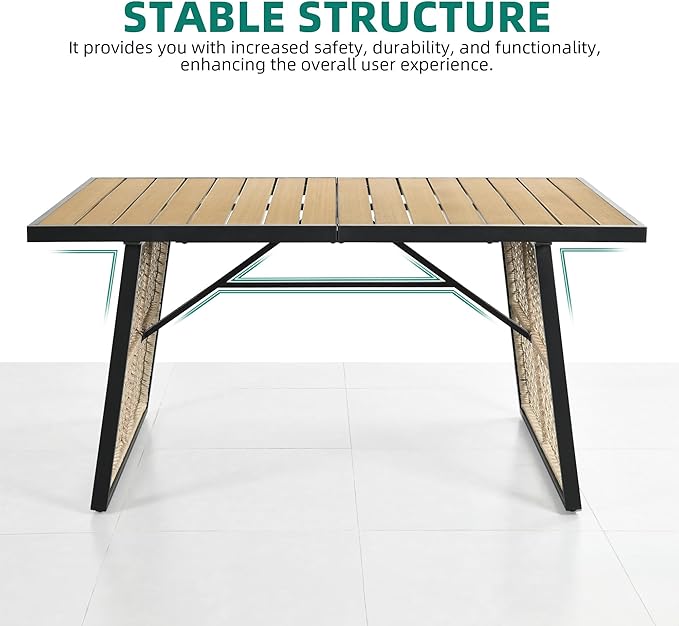 YITAHOME Outdoor Patio Dining Table for 4-6, Rectangular Table with Faux Wood Tabletop, Outside Table for Patio Balcony Porch Poolside - Black & Nature Wood