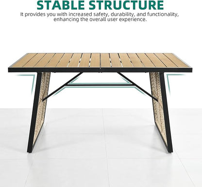 YITAHOME Outdoor Patio Dining Table for 4-6, Rectangular Table with Faux Wood Tabletop, Outside Table for Patio Balcony Porch Poolside - Black & Nature Wood