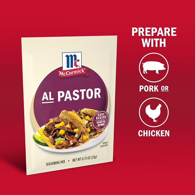 McCormick Seasoning Mix, Al Pastor, Smoky, Tangy & Savory Al Pastor for Tacos, Rice Bowls & Burritos, Ready to Serve In 20 Minutes, 0.75 oz (Pack of 12)