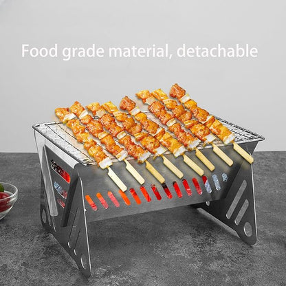 Mini Portable Camping Grill with Bamboo Stick/Storage bag, Small Assemblable Removable BBQ Grill Tabletop Fire Pit for Camping Patio Outdoor Stainless Steel Camping Grill Folding Barbecue Grills
