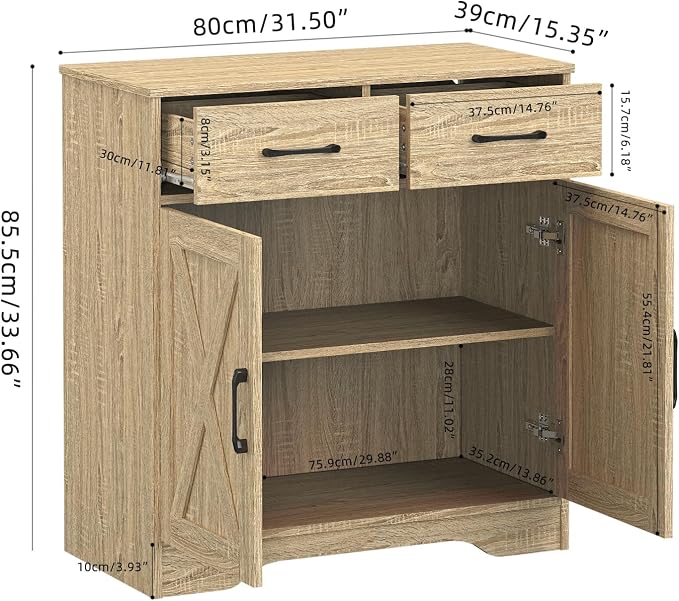 Panana Sideboard 2 Drawers 2 Doors Entryway Storage Cabinet Living Room Organizer Farmhouse Style Wooden Kitchen Cupboard (Nature)