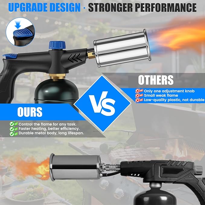 Powerful propane torch gun Ergonomic handle, One-Touch Ignition, Adjustable Flame, Flame Thrower with One-Piece Safety Design Ideal for Grill & Cooking, Sous Vide, Searing Steak, BBQ, Campfire Starter