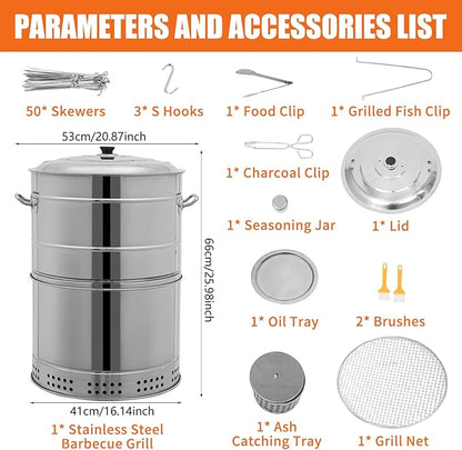 Large Portable Charcoal Grill, Stainless Steel BBQ Grill Barrel, Portable Barbecue Grill Smokeless Charcoal Grill with 50 Skewers for Camping, Picnics, Beaches, Traveling, Party