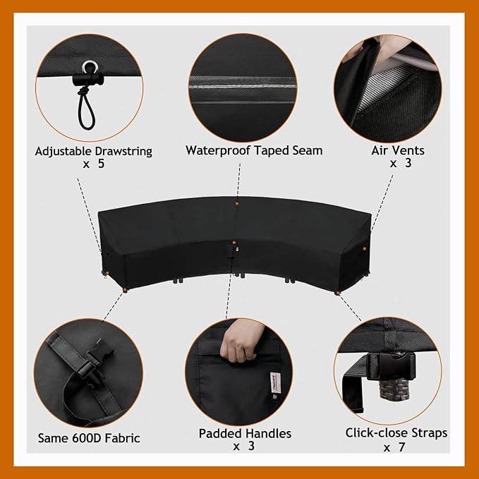 Curved Patio Furniture Cover for Outdoor Sectional Sofa, 190"(128") Reinforced Waterproof 600D Patio Couch Covers, Lawn Outside Garden Furniture Winter Protector-Midnight Black
