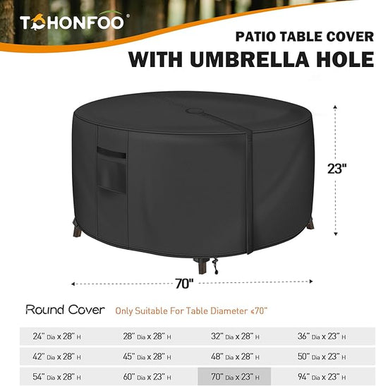 Round Patio Table Cover with Umbrella Hole - 70"DIA x 23"H (COVER SIZE，NOT TABLE SIZE) Heavy Duty Waterproof 600D Oxford Fabric Outdoor Lawn Patio Furniture Covers