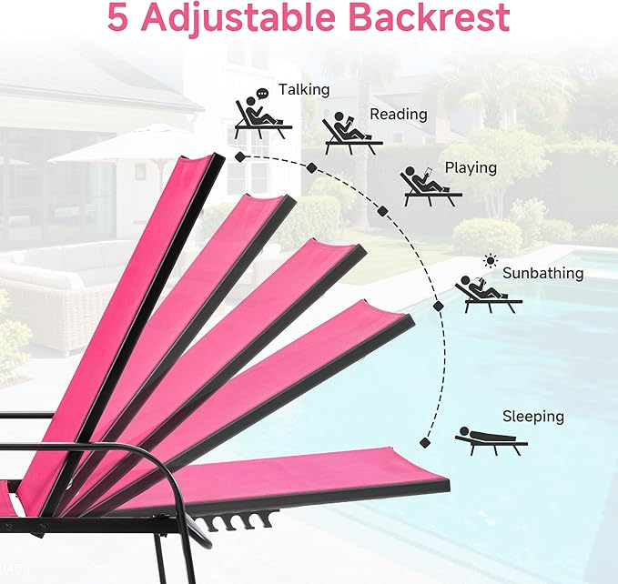 DUMOS Outdoor Lounge Chaise Set of 2 for Poolside Patio, 5-Position Chaise with Armrest, Sun Tanning Chair 350 lbs Heavy Duty Patio Pool Chair, Waterproof Lounge for Deck,Backyard, Beach,Pink
