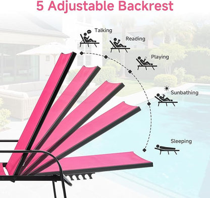 DUMOS Outdoor Lounge Chaise Set of 2 for Poolside Patio, 5-Position Chaise with Armrest, Sun Tanning Chair 350 lbs Heavy Duty Patio Pool Chair, Waterproof Lounge for Deck,Backyard, Beach,Pink