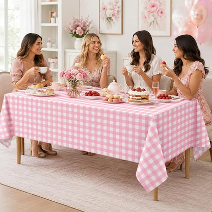 3Pcs Pink Gingham Tablecloths, Checkered Party Table Covers 54x108 In | Pink and White Checkered Tablecloths Disposable Waterproof for Baby & Bridal Shower Picnic Camping Girls Birthday Party