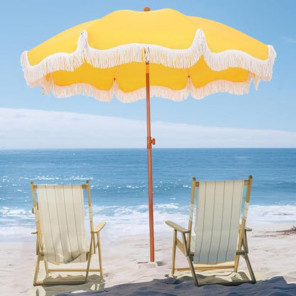 PHI VILLA 7ft Fringe Beach Umbrella with Sand Anchor, Outdoor Patio Portable Beach Umbrella for Sand with Tassels, Push Button Tilt & Carrying Bag, UPF 50+, Yellow