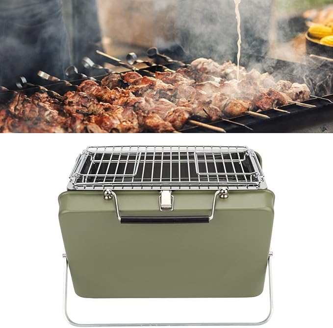 Yinhing Portable Charcoal BBQ Grill Folding Notebook Design for Convenient Outdoor Cooking for Camping Backyard Parties and Picnics Compact and Lightweight Green Grill for Easy Transport a (Green)