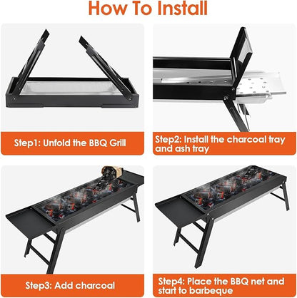 Portable Charcoal BBQ Grill, Foldable BBQ Grill with Stainless Steel Grill Net, Charcoal Drawer Tray & Food Trays, Easy Setup Barbecue Grill for Camping Picnic Outdoor Party Backyard (34.25x8.85x12in)