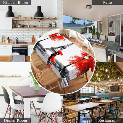 Swono Paris Table Covers 52x70 Inch France Eiffel Tower Couple Umbrella Wipeable Tablecloth Kitchen Dinning Tabletop Decoration, Red Grey Table Cloth for Outdoor and Indoor Use