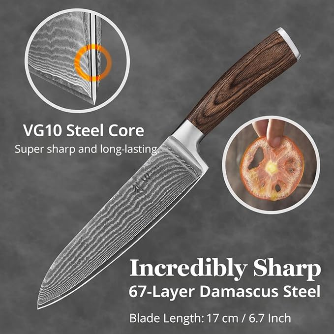 Wakoli EDIB Damascus Santoku Knife – 6.7-Inch Japanese-Style Kitchen Knife, 67-Layer Damascus Steel Blade with VG10 Core, Ergonomic Pakkawood Handle – Professional Cooking Knife in Elegant Gift Box
