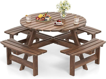 Giantex 8-Person Round Picnic Table Set with 4 Benches, 550 LBS Bench Capacity, 2" Umbrella Hole, Circular Outdoor Wood Dining Table & Chairs for Patio Yard Garden Porch Deck (71”x71”x28”,Brown)