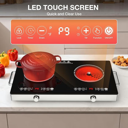 4000w Electric Cooktop 2 Burners, 23'' Electric Stove Top 110v with Plug in, GTKZW Knob Control Countertop & Built-in Ceramic Cooktop, 9 Power Levels, Child Lock, Timer, Over-Heat Protection