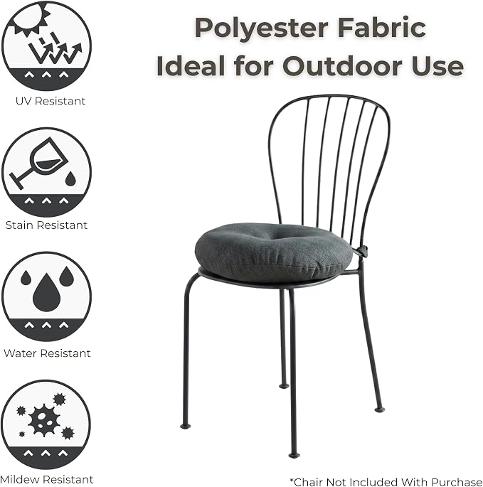 15 x 15 Round Bistro Chair Cushion, Reversible Patio Seat Cushion with Attached Ties, Polyester Fabric, Recycled Polyfiber Fill, Set of 2 - Carbon