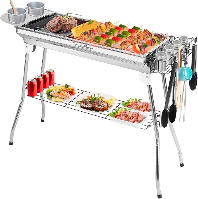 Barbecue Charcoal Grill, Stainless Steel Outdoor Barbecue Grill for Camping Hiking Picnics Tailgating Backpacking or Any Outdoor Event