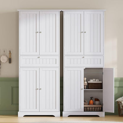 ChooChoo 72" H Bathroom Floor Cabinet with Drawers and Adjustable Shelves | Bathroom Storage Cabinet, Freestanding Kitchen Pantry Cupboard with 4 Doors for Living Room, White