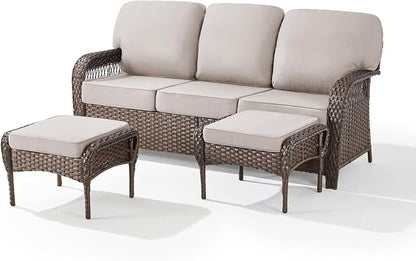 Belord Luxury Outdoor High Back Couch with Ottoman, All-Weather Wicker 3-Seater Sofa, 3 Piece Patio Conversation Furniture Set,Beige