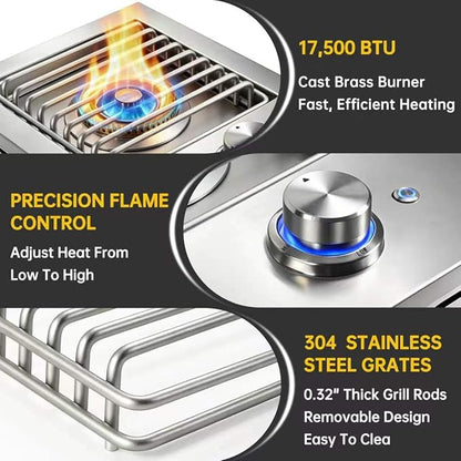 Built-In Single Side Burner for Outdoor Grill with Cover, LED Control Knob | Heavy-Duty 304 Stainless Steel Drop-In Side Burner, 17,500 BTU Propane & Natural Gas Burner for BBQ Island Outdoor Kitchen