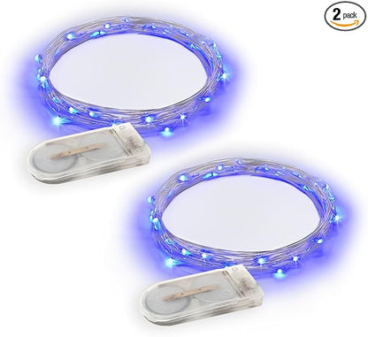 2-Pack 20 LED Wire Twinkle Fairy Lights, Battery Powered, Waterproof — Christmas, Holidays, Wedding, Party — Bedroom, Living Room — 6.5 Ft, Blue, Indoor & Outdoor