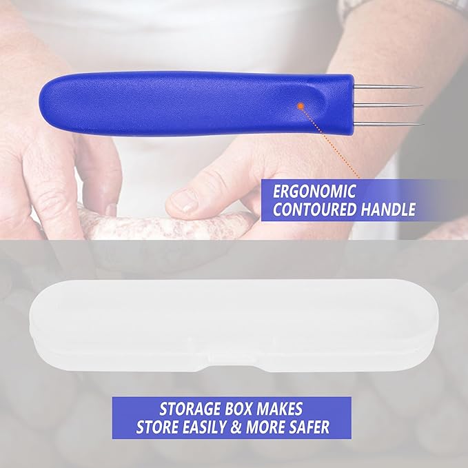 2 Pack 3-Prong Sausage Pricker Tools, 6.5 Inch Stainless Steel Meat Needle for Sausage Making, with Non-Slip Handle & Storage Case for Sausage Making