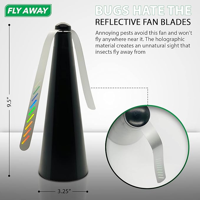 Fly Away - 2 Pack Outdoor Fly Repellent Fan, Outside or Inside Table use, Restaurant, Barbeque, Events, Deter Flies, Wasps, Bees, Other Moscas and Bugs Away, Battery Operated, Tabletop, Hanging Hook.