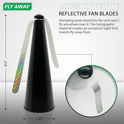 Fly Away - 3 Pack Outdoor Fly Repellent Fan, Outside or Inside Table use, Restaurant, Barbeque, Events, Deter Flies, Wasps, Bees, Other Moscas and Bugs Away, Battery Operated, Tabletop, Hanging Hook.