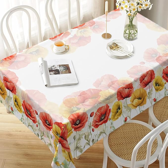 Decorative Rectangle Table Cloths Watercolor Poppy Spring Seasonal Summer Flower Tablecloth Table Cover for Dining/BBQ/Picnic/Coffee Table 52 X 70 Inches