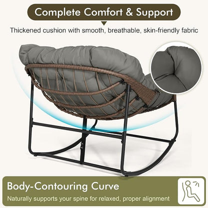Bifanuo Oversized Egg Rocking Chair for Indoor Outdoor – All-Weather Wicker Rattan Lounge Chair with Cushion Patio Rocker for Porch Garden or Balcony (Grey)