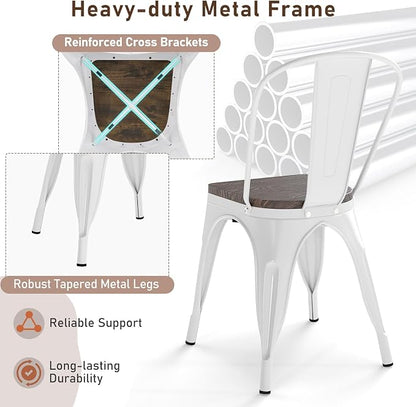 COSTWAY Stackable Metal Dining Chairs Set of 4 with Wood Seat and High Back | White, Industrial Vintage Style, Elm Wood Seat Board, 18 Inch, for Dining Room, Kitchen, Bar, Cafe, Bistro, Restaurant