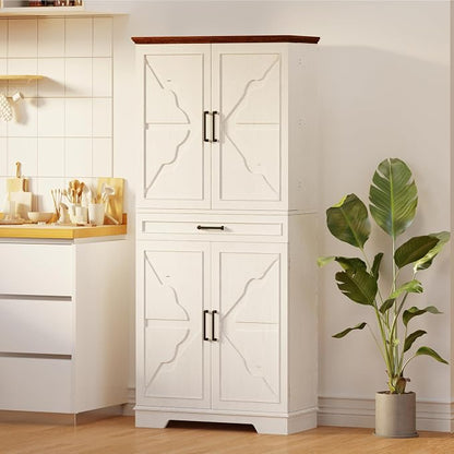 IRONCK 72" Kitchen Pantry Cabinet with Sliding Rack & Adjustable Shelves | Kitchen Storage Cabinets with Drawers and Door Shelves, Freestanding Cupboard for Dining Room, Living Room, White