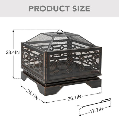 Florise Outdoor Fire Pit, 26 Inch Wood Burning Firepit for Outside with Mesh Cover & Fire Poker, Large Square Metal Fireplace for Patio, Backyard, Garden, Bonfire Party
