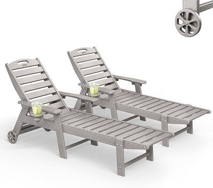 Lounge Chair Outdoor Set of 2, HDPE Chaise Lounge Outdoor with 5-Position & Wheels &Cup Holder, Pool Lounge Chair for Pool Poolside Deck Backyard Patio, Light Grey