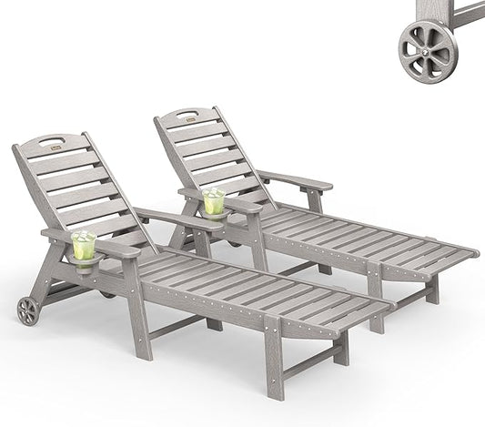 Lounge Chair Outdoor Set of 2, HDPE Chaise Lounge Outdoor with 5-Position & Wheels &Cup Holder, Pool Lounge Chair for Pool Poolside Deck Backyard Patio, Light Grey