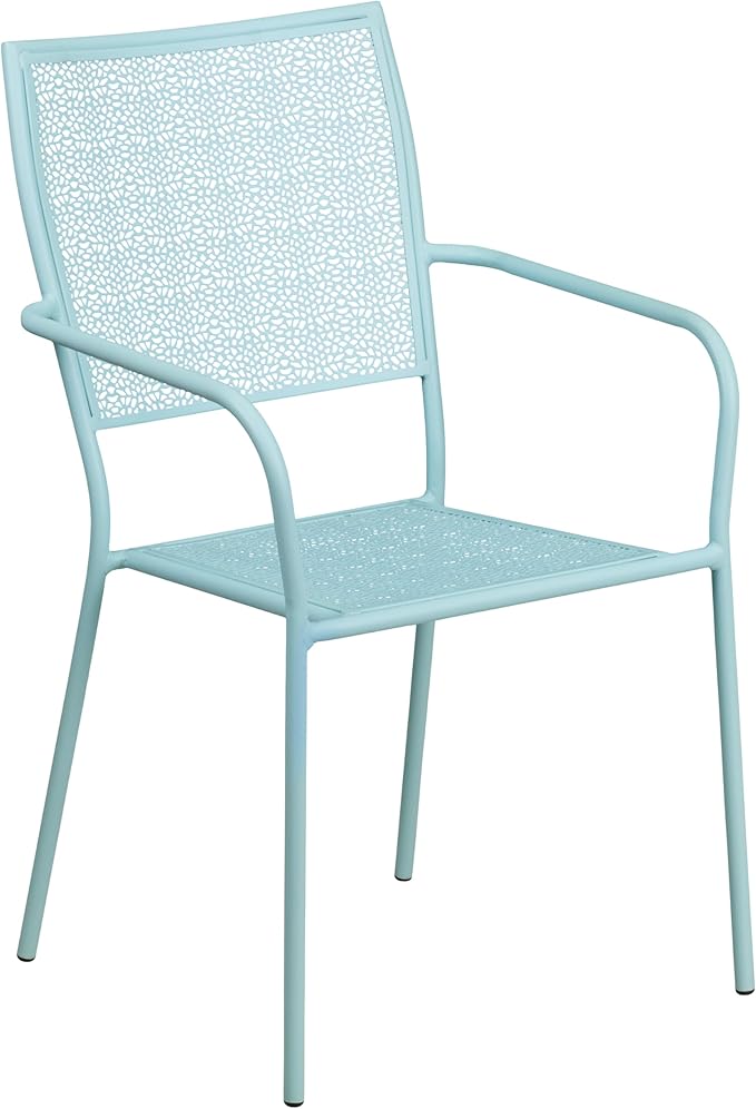 Flash Furniture Oia Commercial Grade 35.25" Round Sky Blue Indoor-Outdoor Steel Patio Table Set with 4 Square Back Chairs