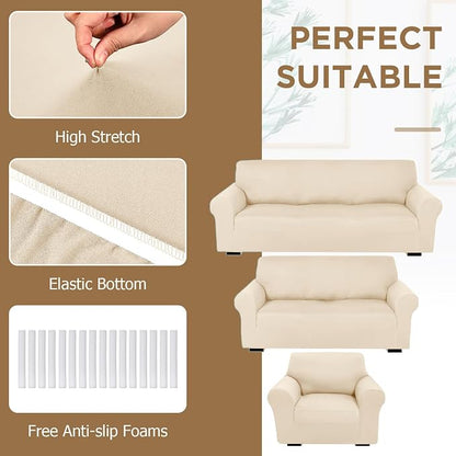 Peryiter 3 Pcs Couch and Loveseat Sofa Covers,Cream,Milk Silk | Armchair Covers for Living Room, Sofa Cushion Slipcover, Furniture Protector, Polyester and Spandex, Washable